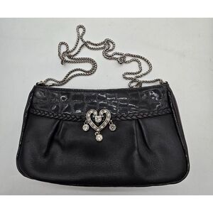 Vintage Brighton Black Croc-Embossed Leather Shoulder Bag With Rhinestone Heart